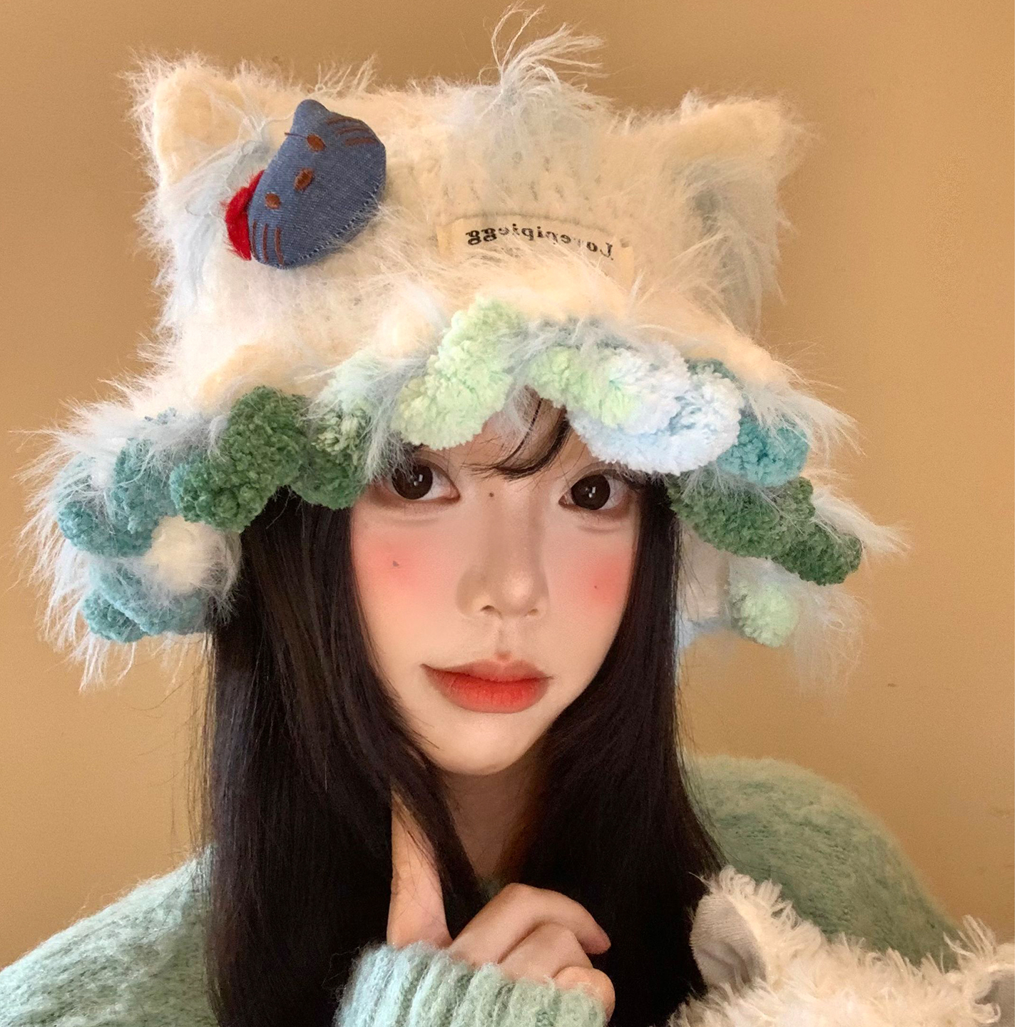 可爱Kitty猫耳朵毛绒针织帽女秋冬季显脸小毛线帽大头围保暖帽子