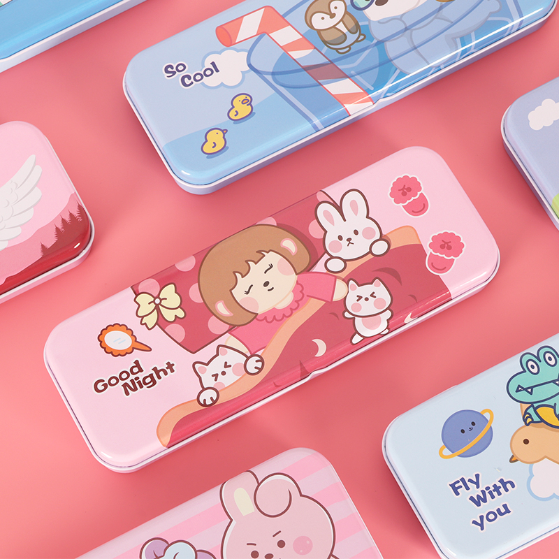 小学生铁皮文具盒双层文具盒可爱卡通男生女生铅笔盒带乘法口诀表