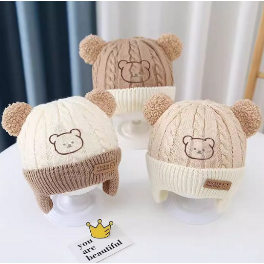 婴儿帽子秋冬季可爱超萌针织帽婴幼儿男女宝宝防风护耳毛线帽新款