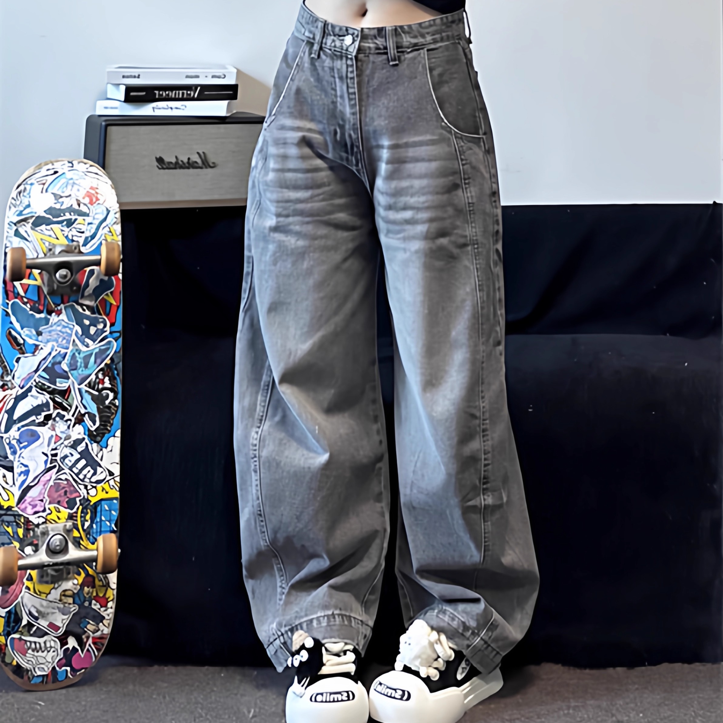 户外宽松百搭长裤阔腿弯刀牛仔裤