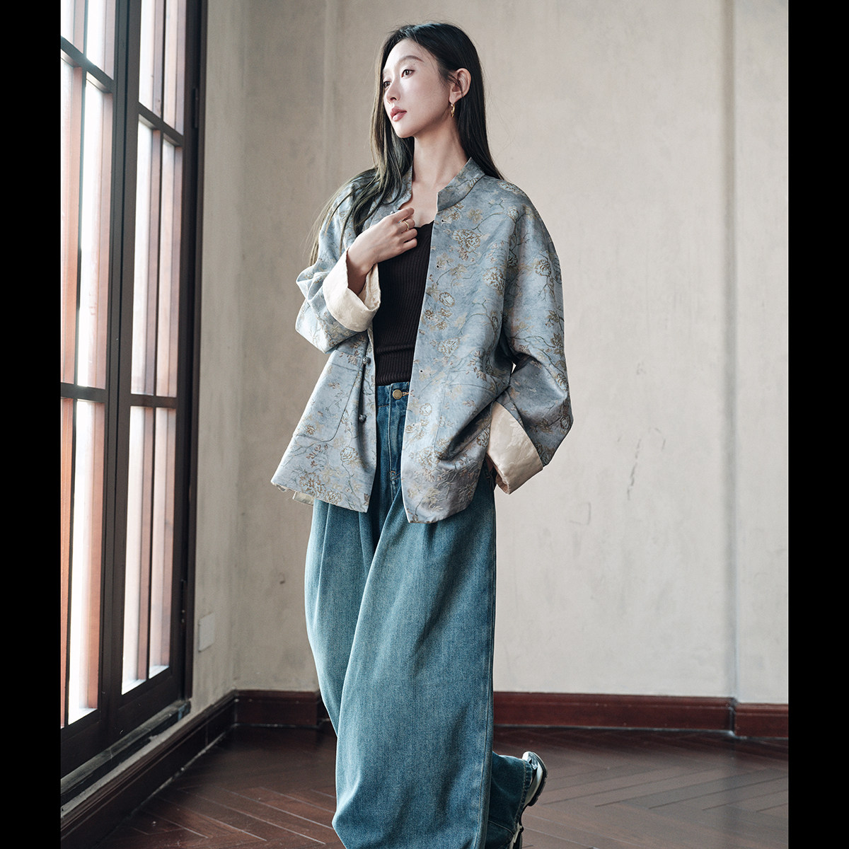 尚孚 真丝羊毛精纺国风提花牛仔蓝色宽松气质百搭立领中式外套新,女装/女士精品,短外套,淘宝优惠券,粉丝福利购,淘宝优惠卷