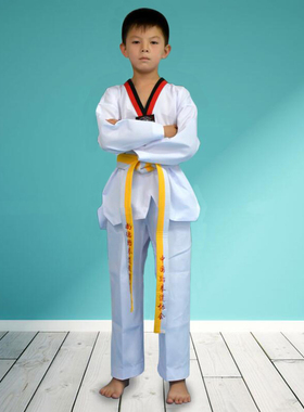 ATAK条纹涤棉儿童跆拳道服套装长袖成人短袖表演服夏季道馆透气男