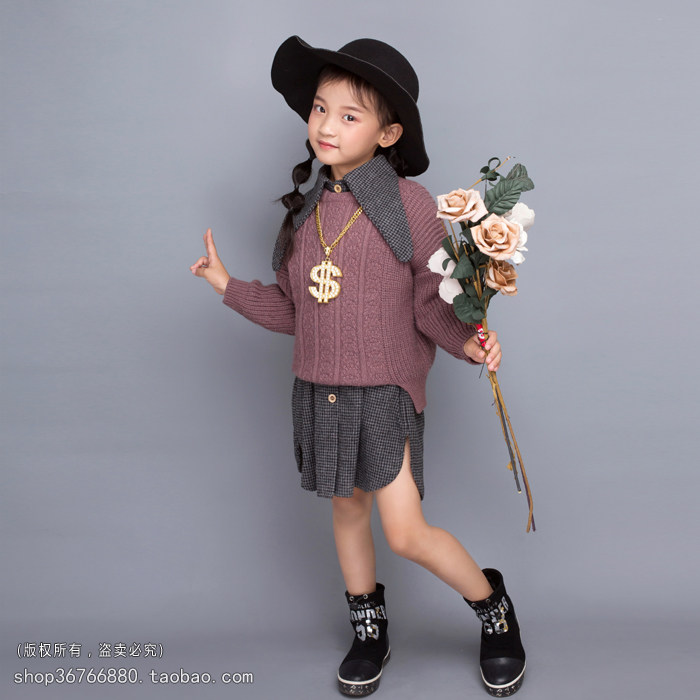 韩式儿童影楼样片女孩潮童纯色摄影毛衣女孩放大新款客样照