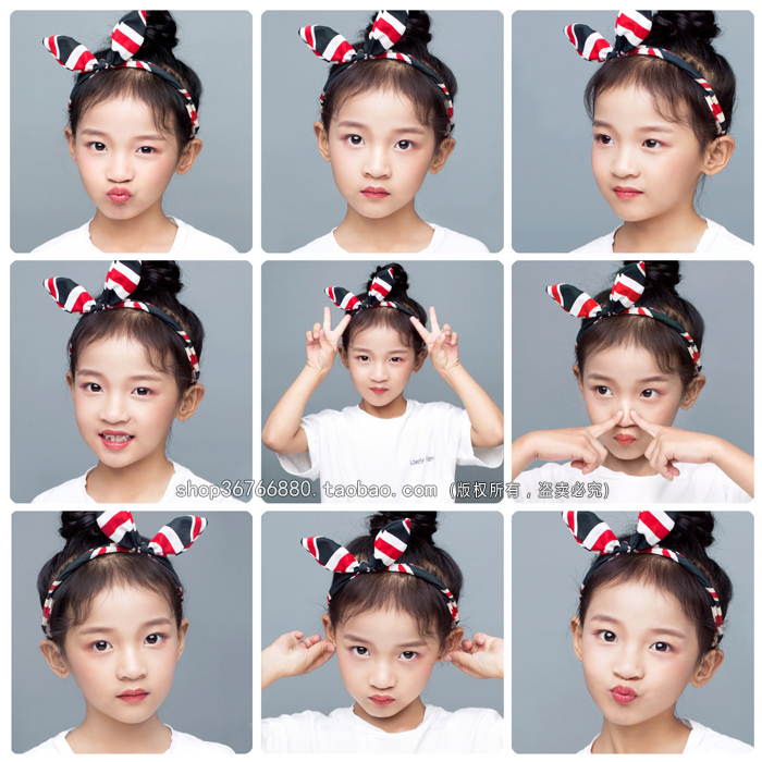 韩式儿童影楼样片女孩表情包纯色摄影女孩放大客样照九宫格