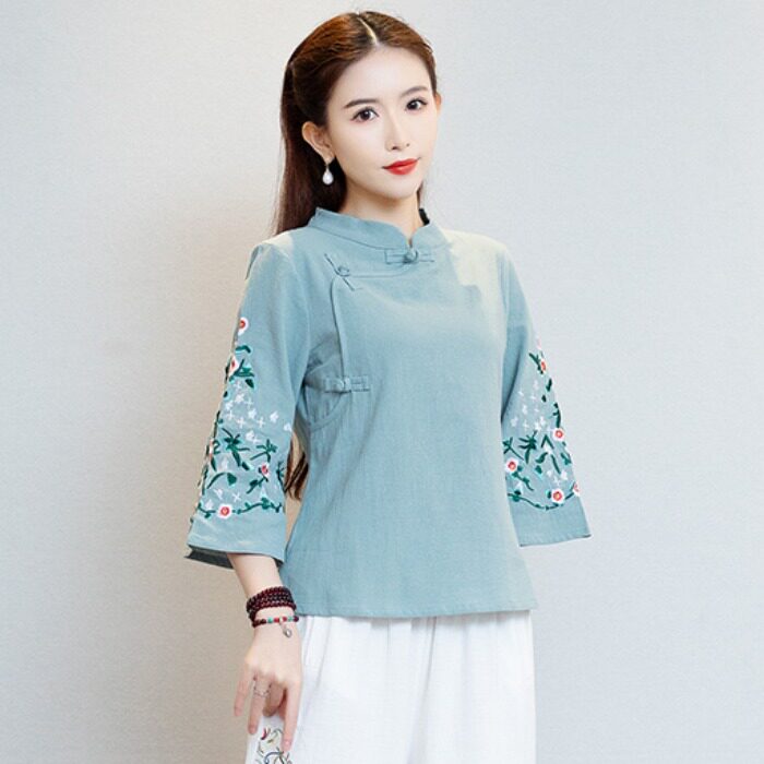 中国风女春装年轻款棉麻套装绣花唐装上衣禅意茶服女阔腿裤两件套