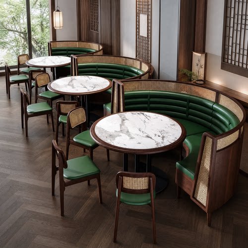 定制半圆卡座沙发餐饮店糖水铺烧烤店糖水铺复古餐厅实木桌椅组合