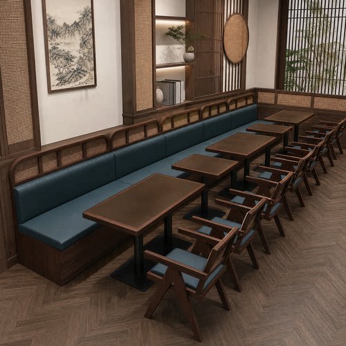 网红餐厅卡座沙发商用复古咖啡厅烧烤店小酒馆餐饮店实木桌椅组合
