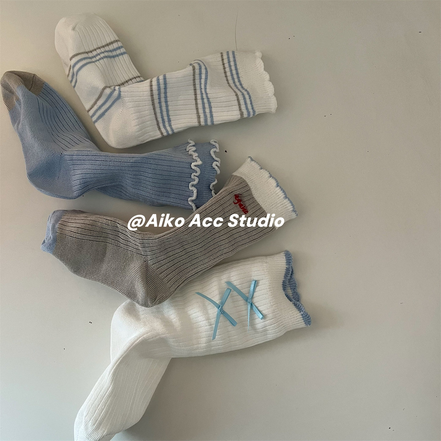 AIKO ACC 韩国儿童春夏双针雾蓝兔语中筒棉袜女童甜美系