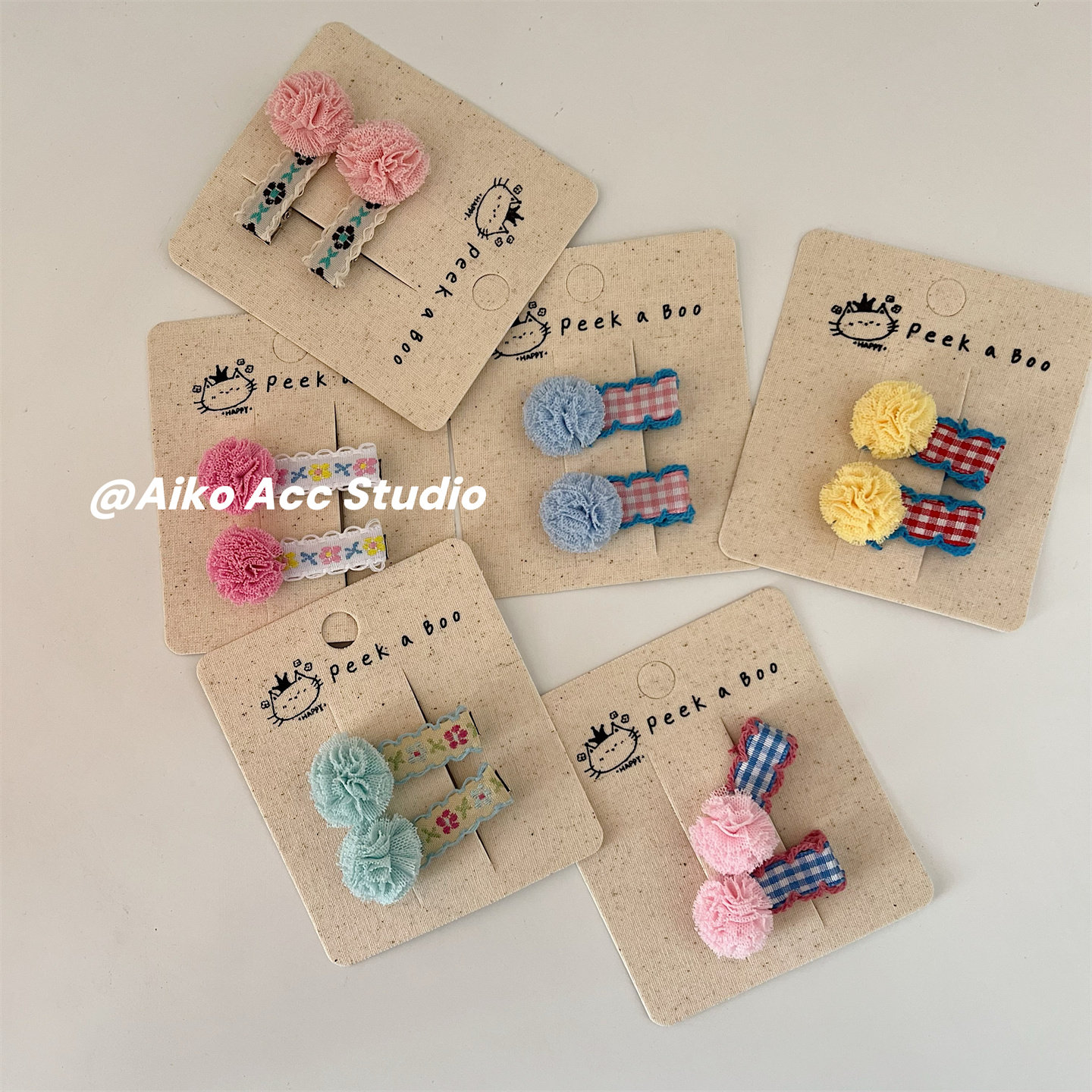 AIKO ACC韩系儿童新款刺绣织带网纱球球撞色奶油色发夹鸭嘴夹刘海