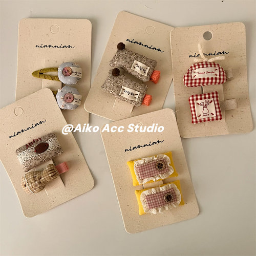 AIKO ACC韩系儿童格子蕾丝碎花扣子布艺发夹鸭嘴夹BB夹刘海夹