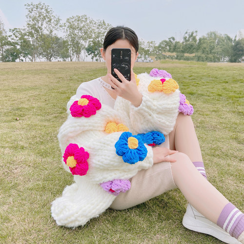 超粗毛线花朵毛衣开衫外套小众