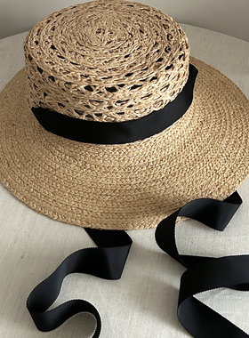 Seem冒似 二次呼吸 平顶拼接飘带拉菲草帽法式复古镂空遮阳帽出游