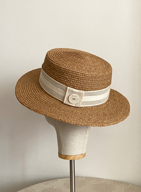 Seem原创设计春夏草帽女英伦风优雅平顶小礼帽百搭遮阳拉菲草帽子