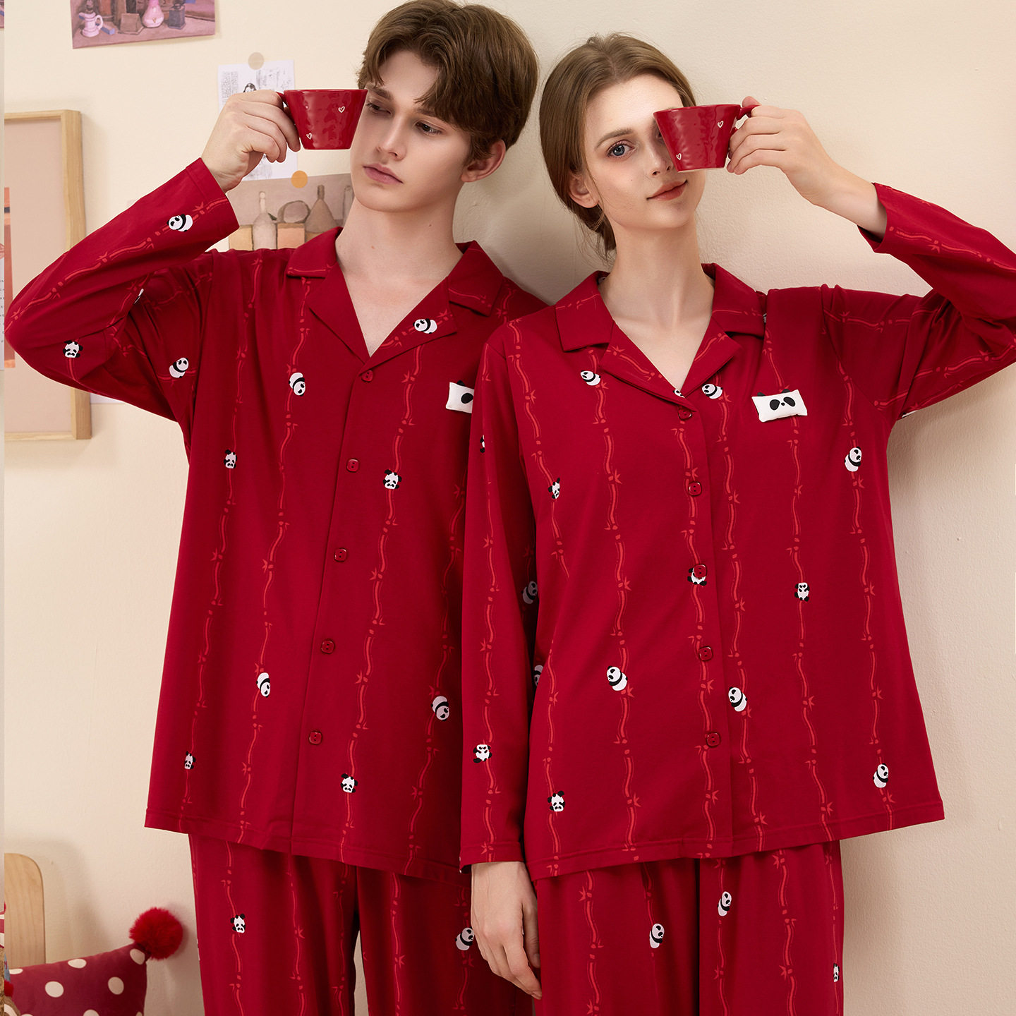 2025半颜品牌春秋新情侣针织莫代尔棉弹力大码结婚本命年家居服