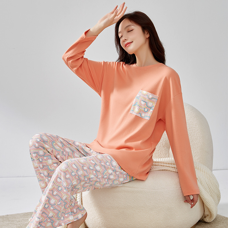 纯棉睡衣套装浅休女士圆领