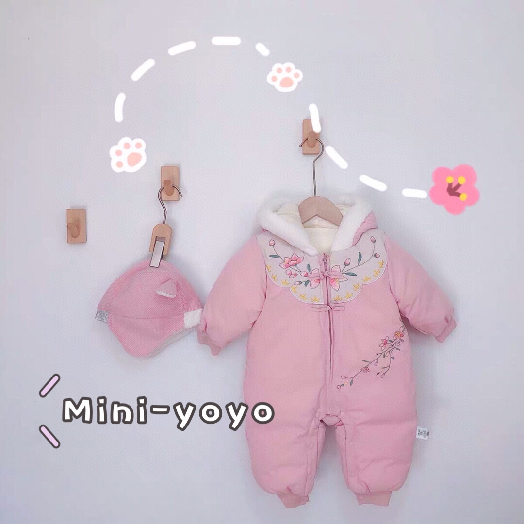 佑家婴童冬季拜年服过年女宝宝中式连体衣百天加厚棉服辛苦爬服潮