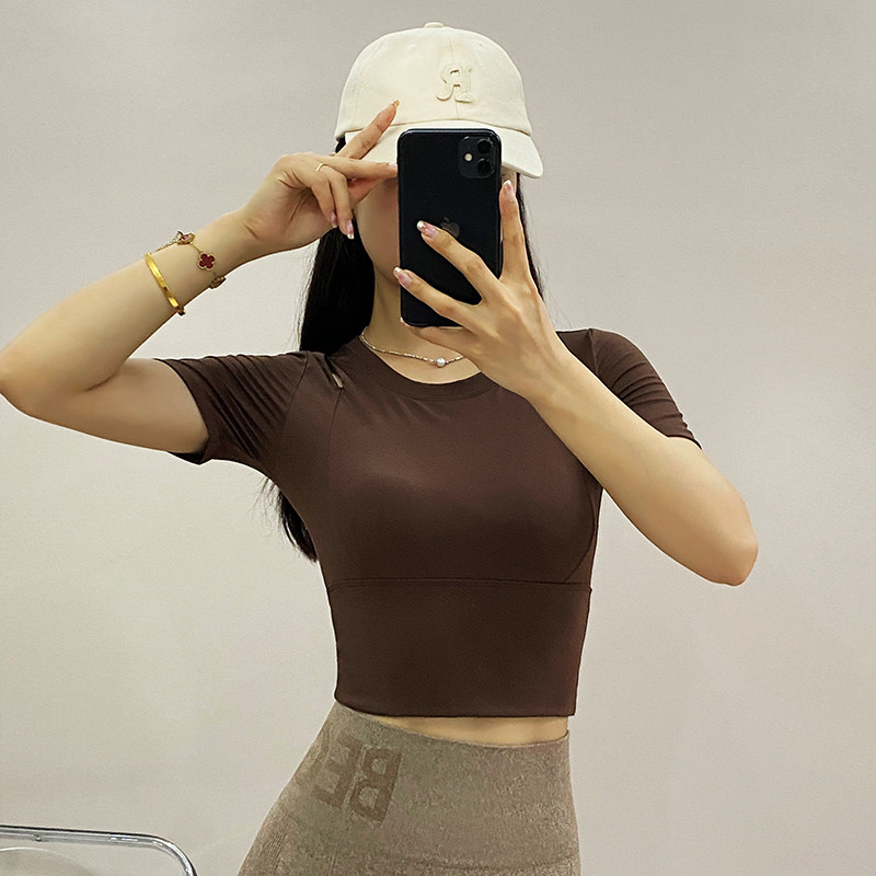 lulu带胸垫镂空瑜伽服短袖高级感专业普拉提紧身健身上衣短款T恤