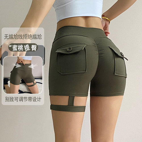 女欧美工装口袋提臀健身短裤
