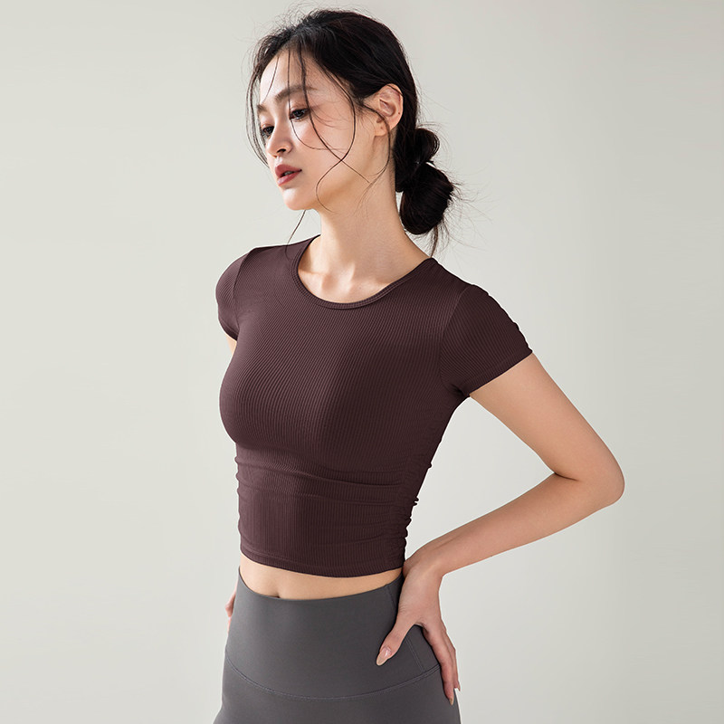 2026春季新款短袖瑜伽服不带胸垫紧身高腰弹力速干短款运动健身衣