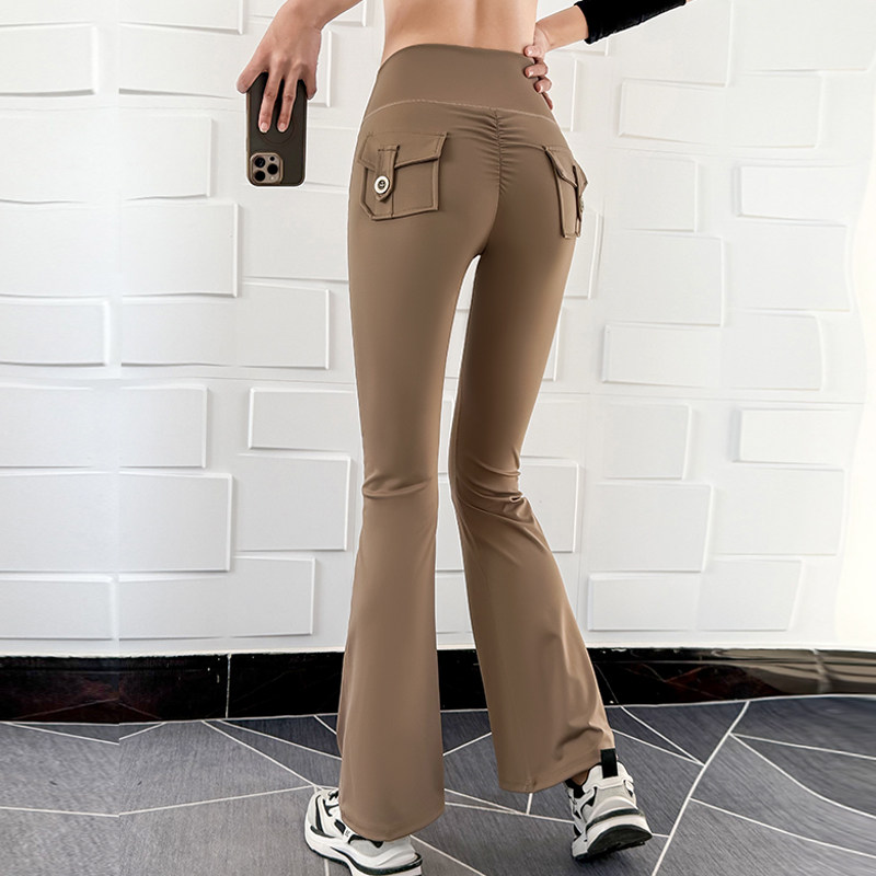 工装口袋蜜桃臀瑜伽裤女喇叭欧美高腰弹力提臀运动速干跑步健身裤