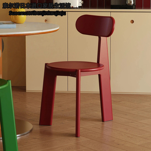 日本slow餐椅中古风红色现代实木设计师靠背餐桌客厅家用简约凳子
