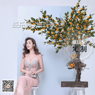 婚礼橱窗商业摄影茶楼美陈手工纸艺纸花仿真树木花朵定制金茶花