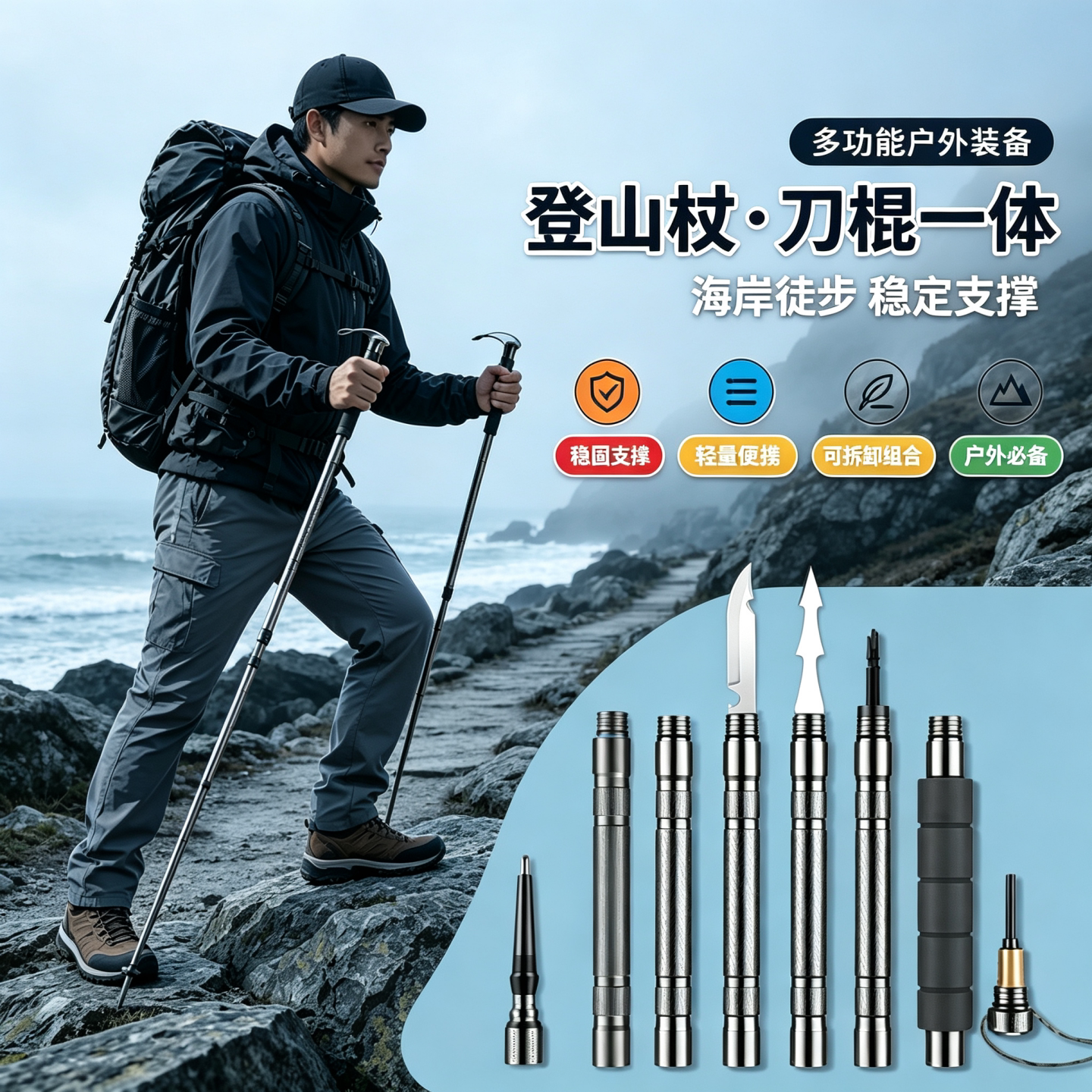 登山杖刀棍一体折叠便携登山图片