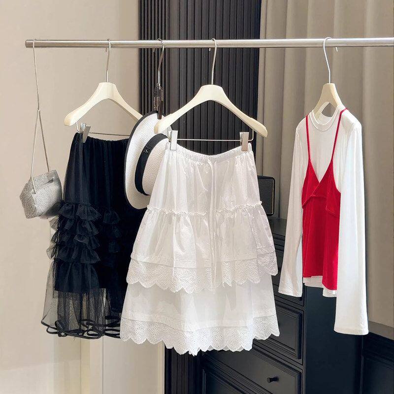 双层蕾丝花边白色蛋糕裙女春夏出游穿搭小个子A字裙子腰半身中裙
