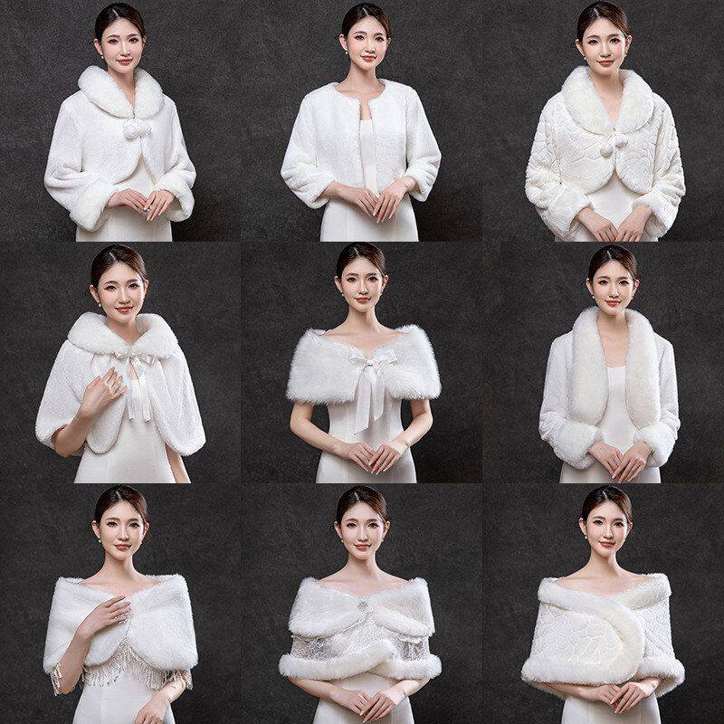 新娘秋冬白色毛绒披肩女结婚礼服外套加厚保暖婚纱披风棉麻饰品