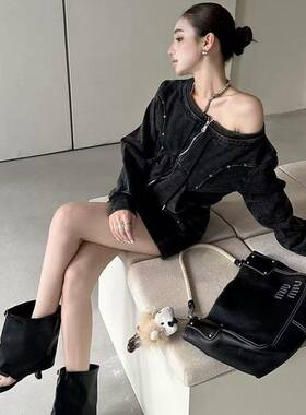 春季新款圆领长袖复古喜睡眠柳丁装饰外套配包臀半身裙子两件套装