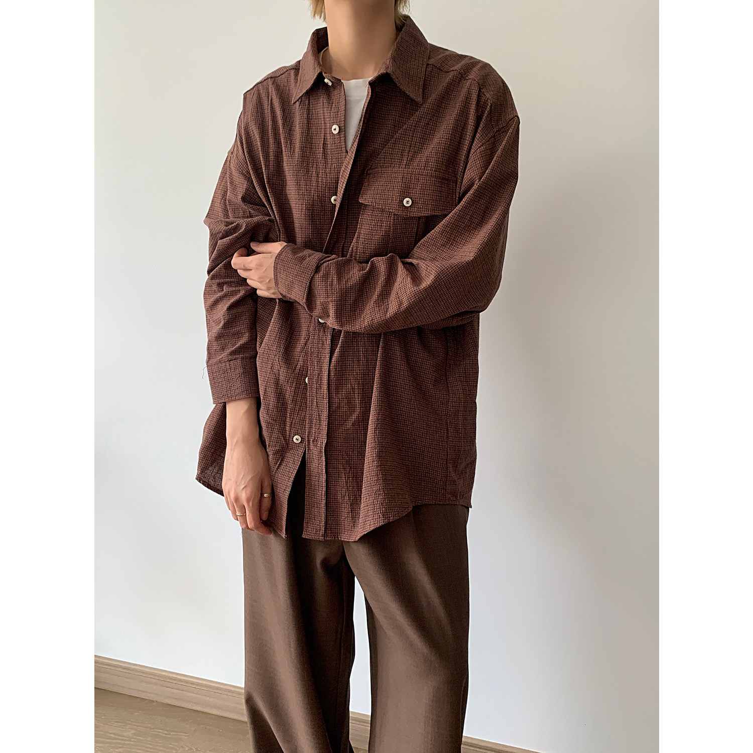 复古红翻领红格子衬衫男秋季口袋装饰长袖衬衣A228/C594/P68,男装衬衫,电商A228