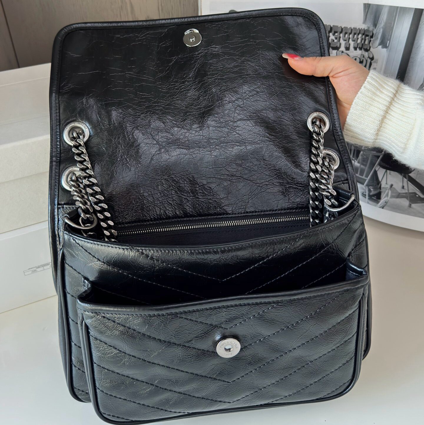 原厂油蜡牛皮NIKI黑皮标银链金标金链条深灰奶白色小号中号女包包