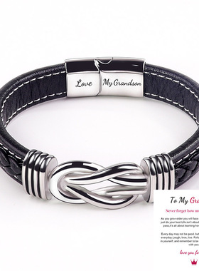欧美时尚通勤手环男士bracelet纤维皮革不锈钢磁吸麻花款朋克手镯