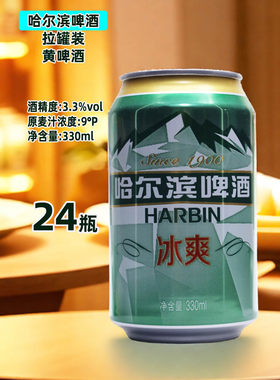 哈尔滨啤酒冰爽330ml*24听易拉罐装小瓶装 Harbin黄啤聚会宴请酒