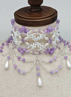 定制天然石编织多色流苏项链颈链复古洛丽塔Lolita配饰cosplay