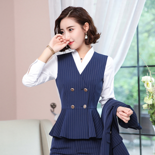 外套女工作 气质叠穿马夹西装 条纹马甲女OL职业装 双排扣英伦风修身