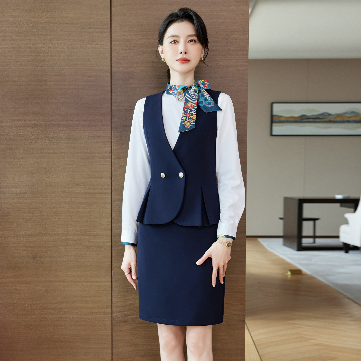 短款马甲套装女修身酒店前台工作服职业制服美容院工装马夹外穿