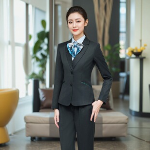 竖条纹黑色西装马甲套装农业银行网点职业装秋冬季民生工作服新款