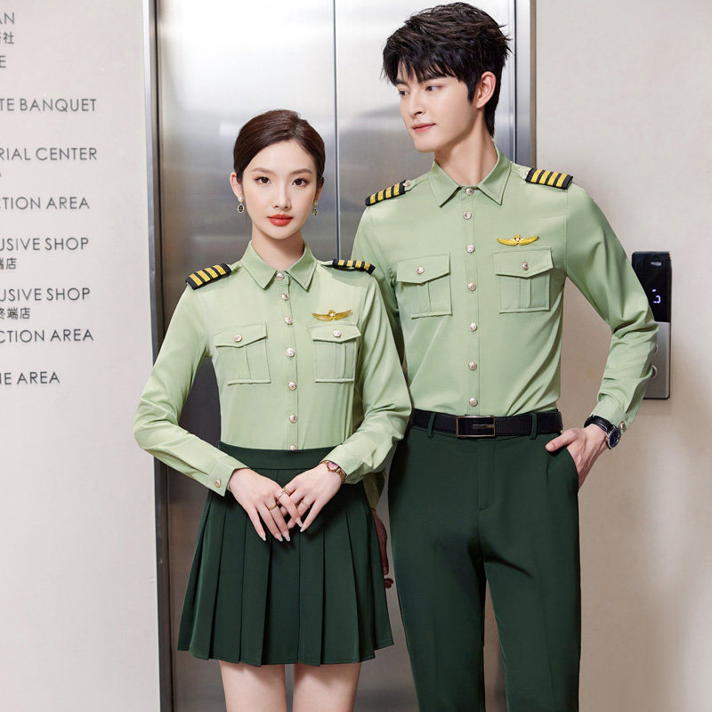 绿色职业衬衫女春秋新款长袖职业衬衣修身酒店服务员前台工作服