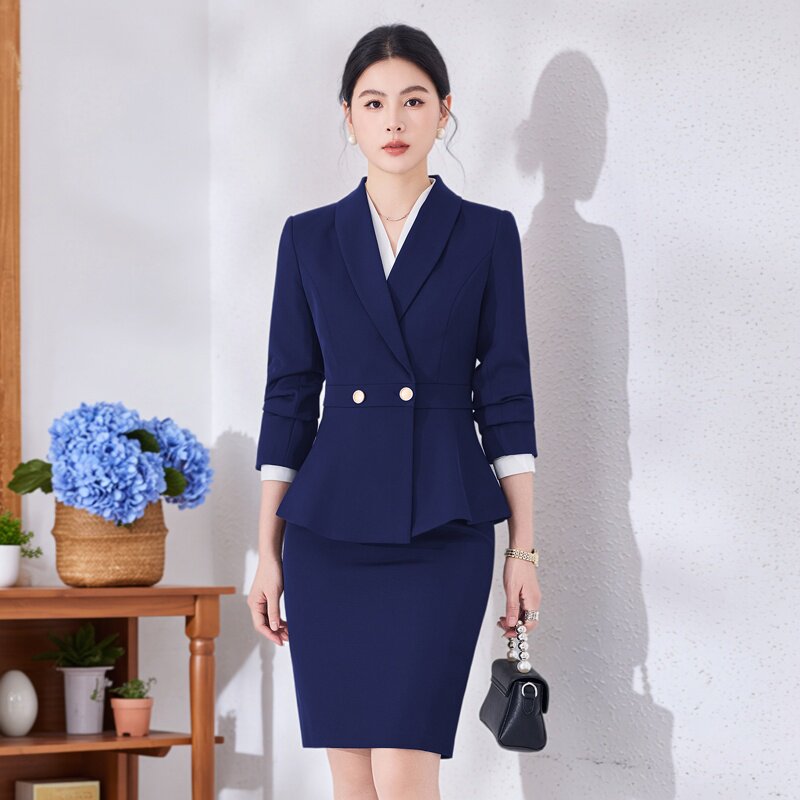 藏青职业西装套装女面大码美容院西服外套工作服酒店客服前台通勤图片