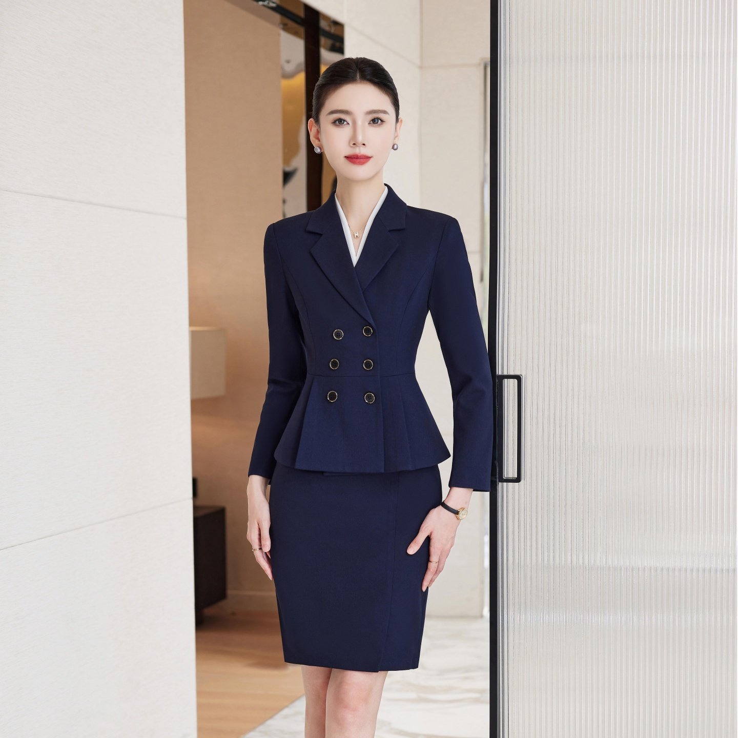 双排扣职业西装套装女春秋气质修身酒店美容院西服工作服工装制服