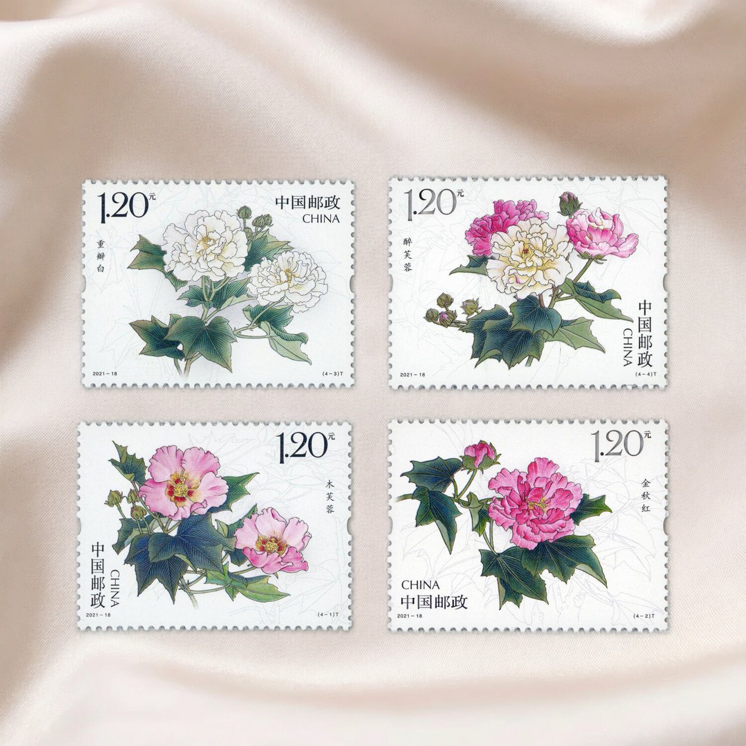 包邮保真2021-18《木芙蓉》邮票 花卉植物系列 1.2元打折票寄信