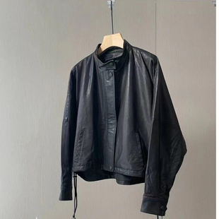 新款宽松时尚立领绵羊皮超薄植鞣小个子休闲机车服女士皮衣外套