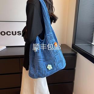 全球森系慵懒in针织s包包镂女空毛线编织大容量单肩包风通勤托特