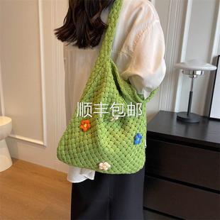 全球森系慵风is针织单肩毛包女大容懒量线n编织包包手提袋通勤托