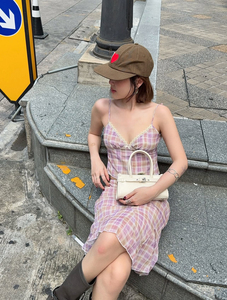 度假风性感紫色格子吊带本身裙