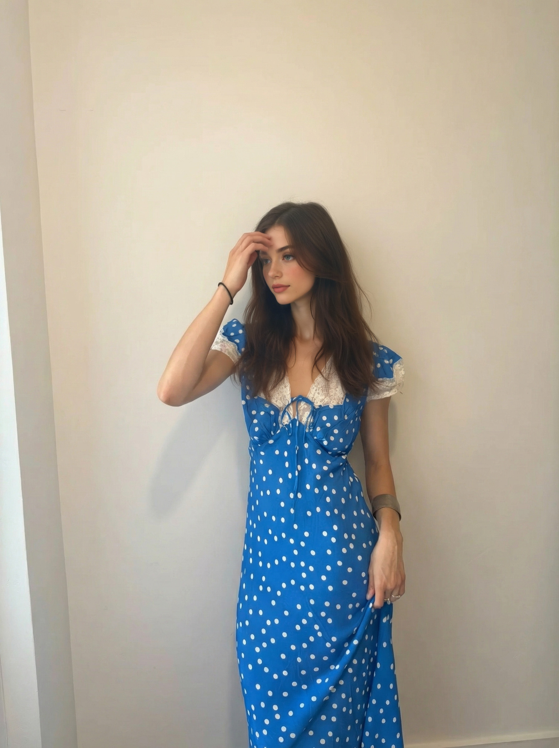 MOCHIC 法式蓝底白点茶歇连衣裙女蕾丝边V领收腰复古波点碎花裙