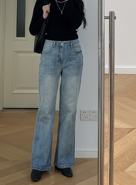 秋冬新款 法式简约中腰浅色慵懒风喇叭裤牛仔裤 0.7KG
