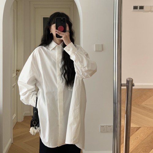 春夏新款 法式宽松纯色中长款翻领长袖衬衫 衬衣 开衫 外套