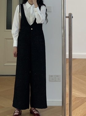 秋冬新款 日韩时尚粗花呢背带裤阔腿裤宽松长裤厚款休闲裤 0.97KG